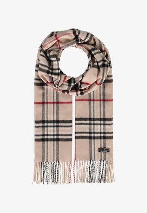 Beež sall mustriga, punase ja valgega, fringi äärtega ning kaubamärgiga lõpus. Pehme kangastekstuuri.