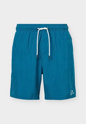 Blaue Badeshorts mit weißer Kordel, elastischem Bund und kleinem Oakley-Logo am linken Beinabschluss.