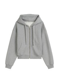 Haut à capuche zippé gris fabriqué en tissu doux, doté d'une capuche spacieuse, de poches frontales et de poignets côtelés avec une coupe décontractée.