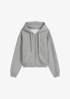 Grauer Zip-Hoodie aus weichem Material, mit einer geräumigen Kapuze, vorderen Taschen und gerippten Bündchen in lässigem Schnitt.