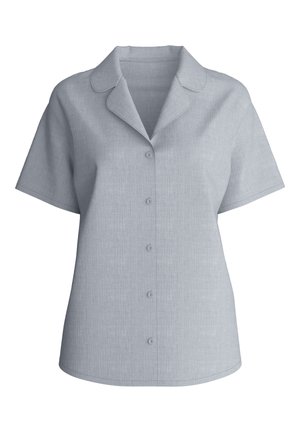 Camicia grigia chiara a maniche corte con bottoni, colletto ampio con tacca e orlo dritto, mostrata su sfondo bianco.