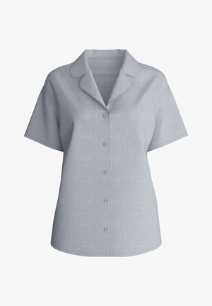 Lichtgrijs overhemd met korte mouwen, knopen aan de voorkant, een brede met inkeping voorziene kraag en een rechte zoom, getoond op een witte achtergrond.