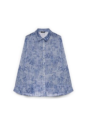 Langärmliges blaues Hemd mit Knöpfen, das mit abstraktem Text und Muster bedeckt ist und einen spitzen Kragen sowie weiße Knöpfe vorne aufweist.