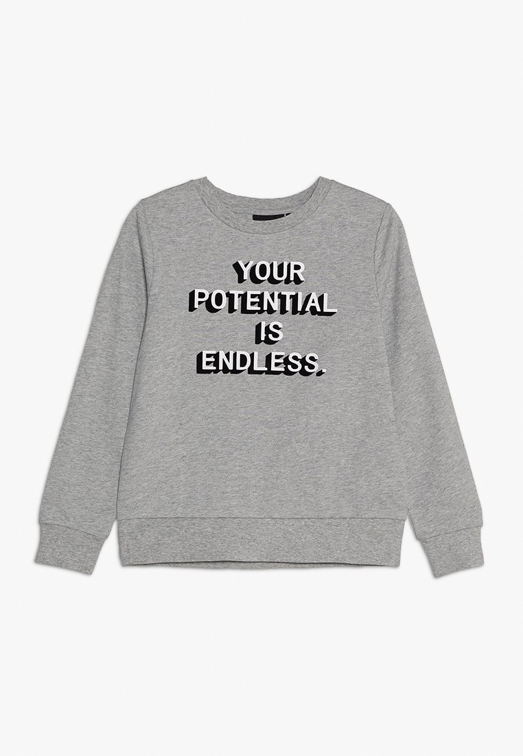 Sweat-shirt gris clair à manches longues avec col ras du cou, présentant un texte noir et blanc "VOTRE POTENTIEL EST ILLIMITÉ" centré à l'avant.