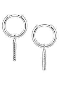 Srebrne obročeve uhane s zasukano obeskom. Obroč je gladek, krožen in ima varen zapirni mehanizem.