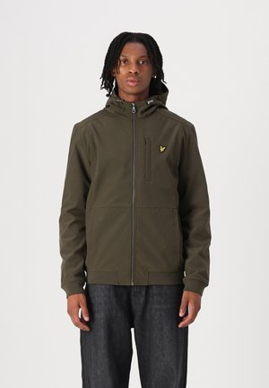 Giacca a hood verde oliva con zip frontale, due tasche frontali e un piccolo logo ricamato sul petto. Presenta una texture liscia e un cappuccio regolabile.