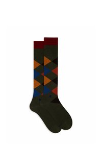 Calze al ginocchio realizzate in morbido cotone, con un motivo a rombi in verde, arancione, blu, marrone e rosso, e una parte superiore a coste color bordeaux.