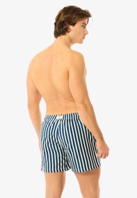 Marineblaue und weiße gestreifte Badeshorts mit einem elastischen Bund, der ein kleines Etikett auf der Rückseite aufweist. Der Stoff wirkt leicht und atmungsaktiv.