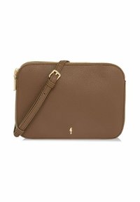 Brązowa torebka typu crossbody z tłoczonej skóry, z złotym suwakiem i elementami metalowymi, prostokątna w kształcie, z regulowanym paskiem. Posiada akcent z logo.