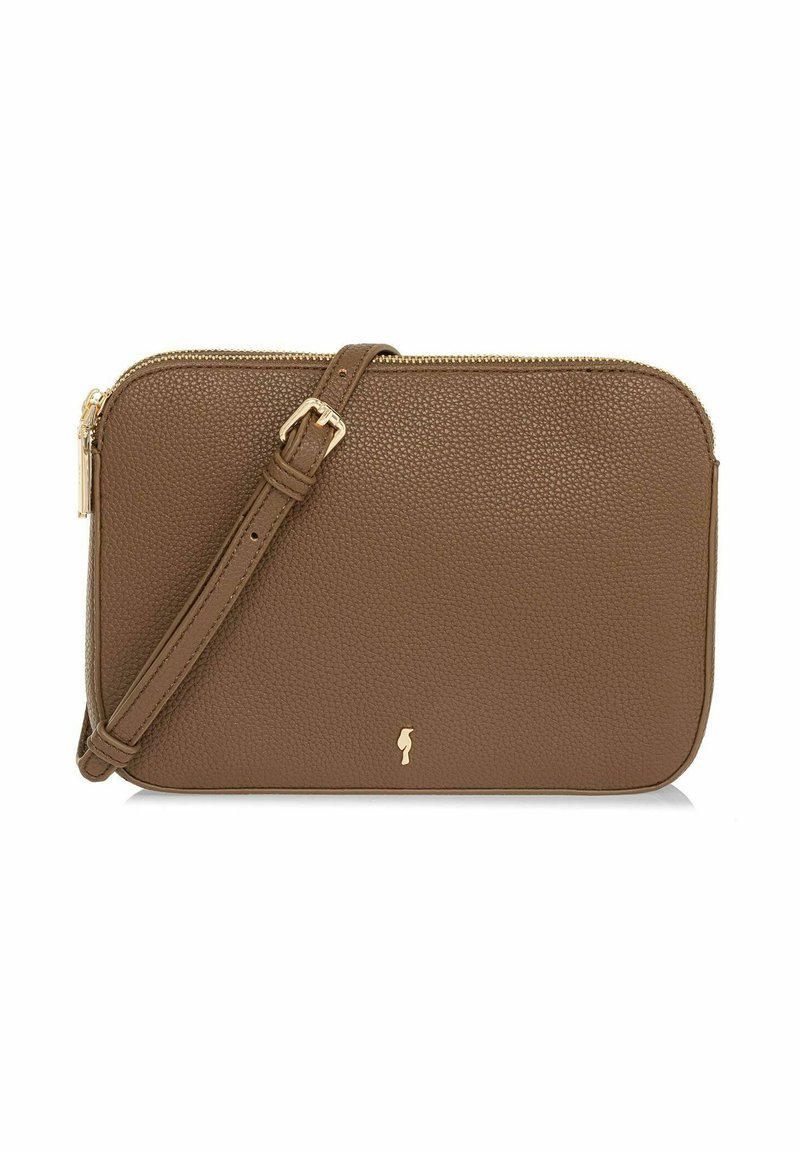 Brązowa torebka typu crossbody z tłoczonej skóry, z złotym suwakiem i elementami metalowymi, prostokątna w kształcie, z regulowanym paskiem. Posiada akcent z logo.