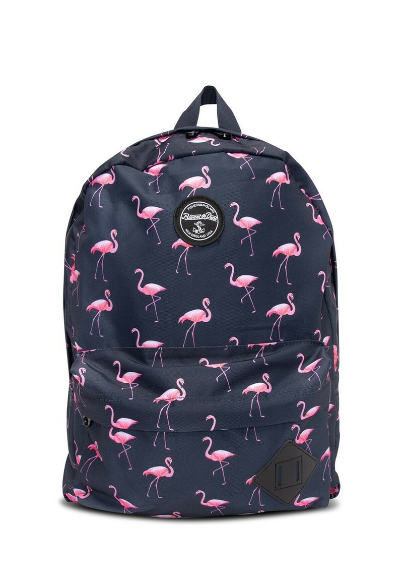 Zaino navy con motivo di fenicotteri rosa, tessuto resistente, spallacci doppi e una tasca frontale con zip; presenta un patch del logo del marchio nero.