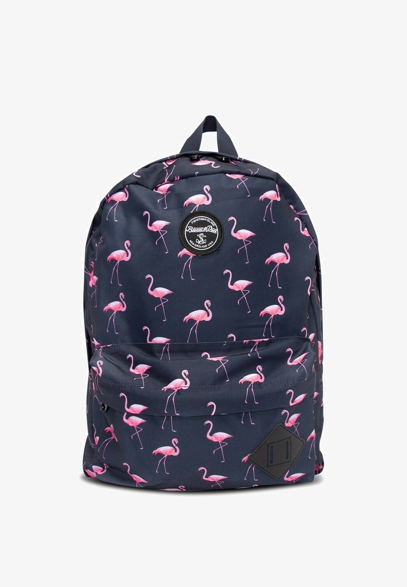 Navy backpack with pink flamingo pattern, durable fabric, dual shoulder straps, and a front zipper pocket; features a black brand logo patch.