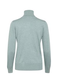 Pull-over bleu clair avec col montant, poignets et ourlet côtelés. Texture douce, confectionné en maille fine. Vue de dos.