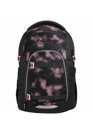 Black backpack with pink dot-pattern accents, multiple adjustable straps, and a front zip pocket. Features padded back and shoulder straps.