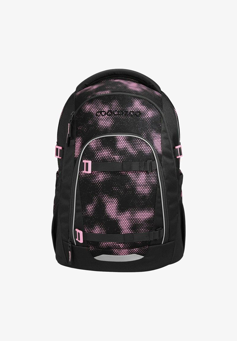 Sac à dos noir avec des accents à motifs de points roses, plusieurs sangles ajustables et une poche frontale zippée. Dispose d'un dos et de bretelles rembourrés.