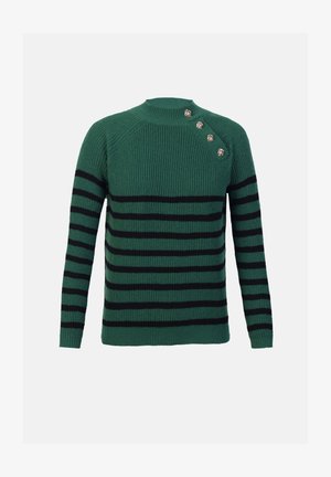 Grøn ribbet sweater med sorte vandrette striber, rund halsudskæring og dekorative skuldre med fire metalliske knapper.