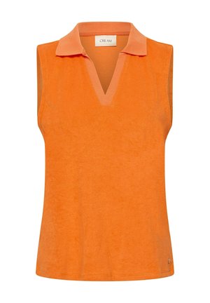 Haut sans manches en éponge orange avec un col en V et une étiquette de marque "CREAM" à l'intérieur du col.