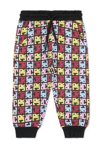 Pantaloni della tuta multicolori con un elastico in vita nera, caratterizzati da una stampa geometrica audace e ripetitiva in rosso, giallo, rosa e blu.