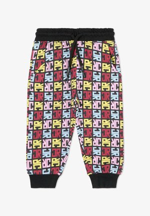 Multicolor joggers met een zwarte elastische tailleband, voorzien van een gedurfde, herhalende geometrische print in rood, geel, roze en blauw.