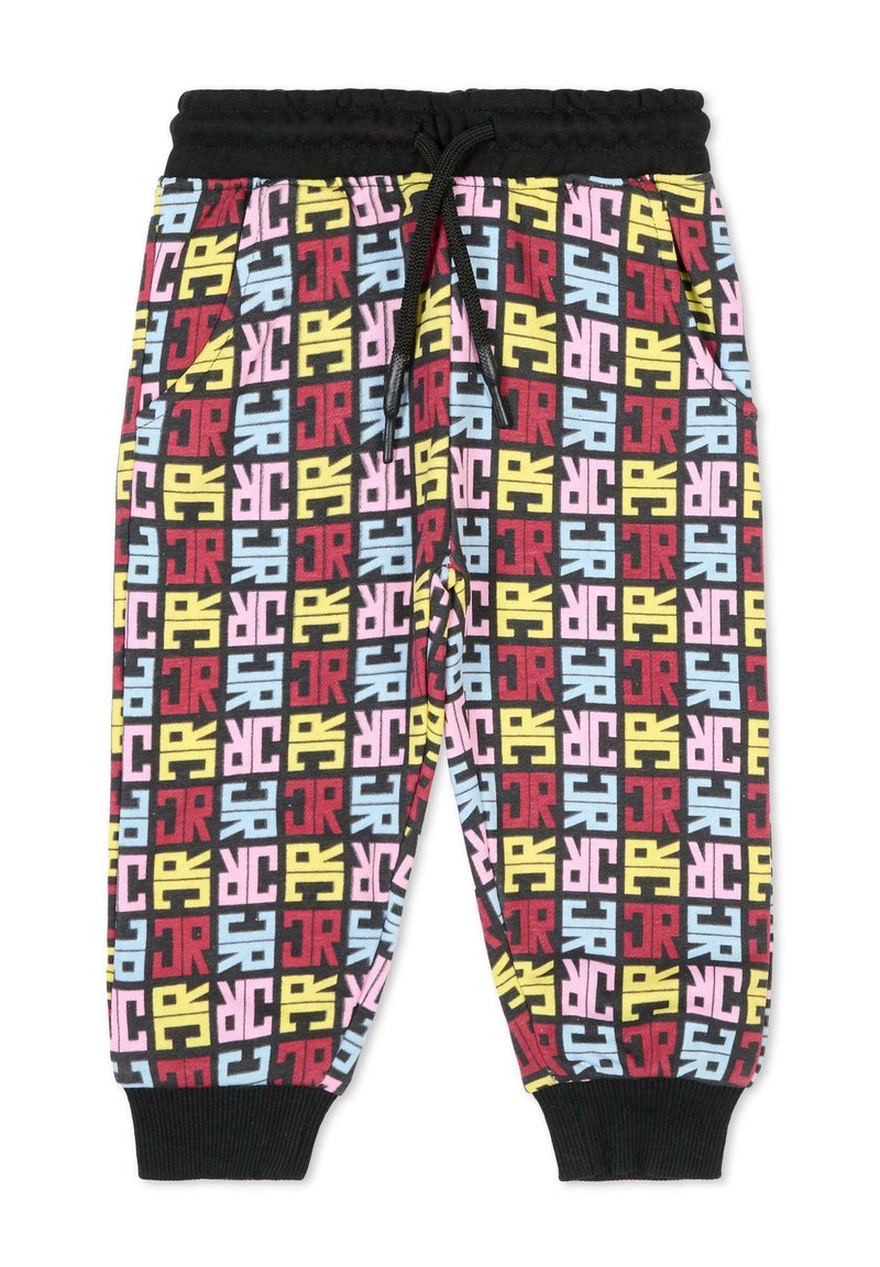 Pantaloni della tuta multicolori con un elastico in vita nera, caratterizzati da una stampa geometrica audace e ripetitiva in rosso, giallo, rosa e blu.