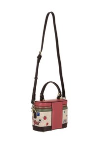 Kis kézitáska rózsaszín felső résszel, barna bőr részletekkel és texturált bézs testtel, színes hímzett mintákkal és levehető pánttal.