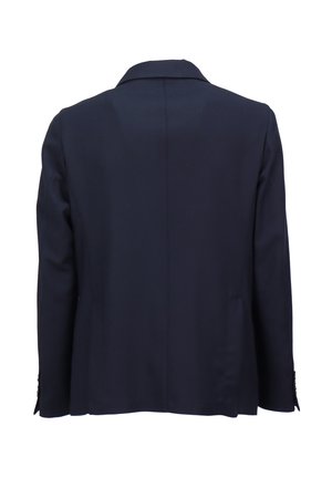 Námořnický modrý blazer s klasickým límcem, jedním zadním rozparkem, hladkou texturou a knoflíkovými detaily na manžetách.