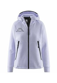 Felpa con zip di colore viola chiaro con zip e dettagli neri; presenta due tasche frontali, polsini a coste e logo ricamato sul petto.