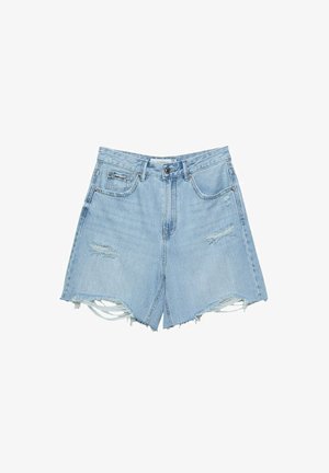 Svetle modré džíny šortky s třepeným lemem, distressed detaily, dvě přední kapsy a jedna zadní kapsa. Zapínání na knoflík a zip.
