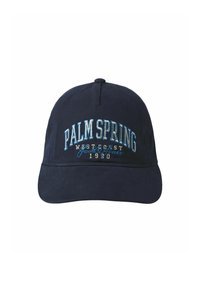 Casquette de baseball navy avec "PALM SPRING" et un texte supplémentaire brodé en blanc et bleu. Dispose d'une couronne arrondie et d'une visière courbée.