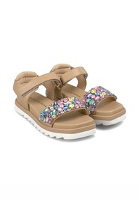Sandalias beige con dos cintas ajustables y una amplia zona para los dedos, con una embellishment de gema colorida en la parte superior y una suela de goma blanca.