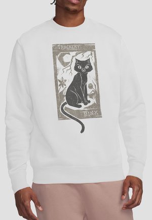 Weißes Sweatshirt mit einer Illustration einer schwarzen Katze im strukturierten, vintage-inspirierten Druck. Das Design enthält Blumen und den Namen "Thackery Binx."