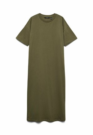 Robe t-shirt vert olive à manches courtes, longueur genou, avec un col rond et une coupe décontractée.