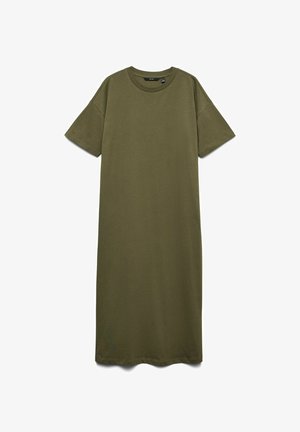Olivengrøn, kortærmet t-shirt-kjole i knælængde med rund halsudskæring og afslappet pasform.