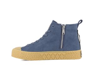 Blue suede high-top sneakers with a textured cream sole, featuring a side zipper, round toe, and contrasting black accents.
