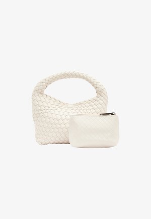 White woven handbag with a rounded handle and a small matching zip pouch, both featuring a textured pattern.