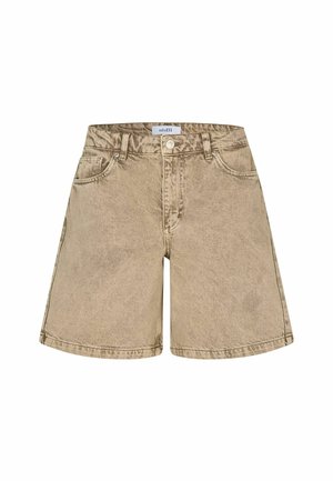 Shorts in denim beige con taglio dritto, con tasche anteriori e posteriori, chiusura a bottone e passanti per cintura. Tessuto testurizzato.