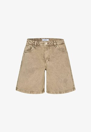 Beige denima šorti ar taisnu griezumu, ar priekšējām un aizmugurējām kabatām, pogu aizdari un jostas cilpiņām. Strukturēta auduma.