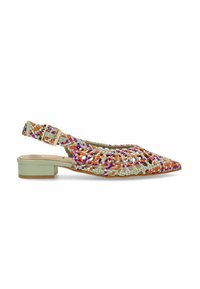 Zapato slingback tejido con punta afilada y tacón bajo, en patrones multicolores de naranja, púrpura y beige con una correa verde menta.