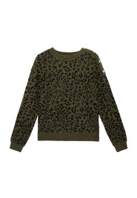 Pull en maille vert olive avec un imprimé léopard noir, encolure ronde et accents de boutons en perles sur l'épaule gauche. Manches longues.