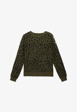 Jersey de punto verde oliva con estampado de leopardo negro, cuello redondo y acentos de botones de perlas en el hombro izquierdo. Mangas largas.
