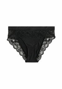Perizoma nero con un corpo in tessuto morbido, rifinito in alto da un pizzo con bordi scallopati. Il pizzo presenta motivi floreali.