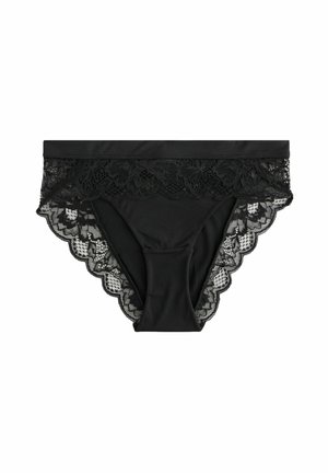 Culotte noire en tissu doux avec un bord en dentelle en haut et des bords festonnés. La dentelle présente des motifs floraux.