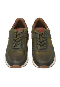 Grüne Ledersneaker mit braunen Akzenten, runden Zehen, Schnürdesign, perforierten Details und einer strukturierten Gummisohle.