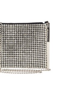Borsa a mano nera decorata con embellishments in cristallo argento, forma rettangolare, cerniera metallica e tracolla in catena argentata.
