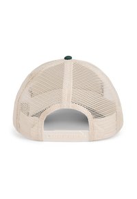 Cap with a beige mesh back and fitted plastic strap. Features a green button on top and a subtle branded element along the strap.