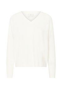 Hvid V-hals sweater lavet af blødt stof, med lange ærmer og en afslappet pasform. Diskret ribbet tekstur langs manchetter og kant.