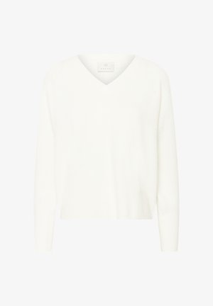 White V-neck sweater made of soft fabric, featuring long sleeves and a relaxed fit. Subtle ribbed texture along cuffs and hem.