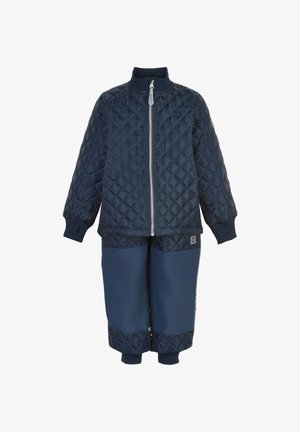 Navy quilted jacket with a high collar and front zipper, paired with matching pants featuring a smooth lower section and ribbed cuffs.