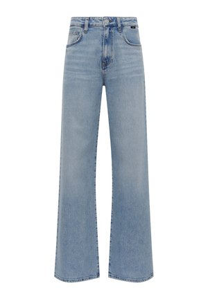 Helle blaue Schlagjeans aus Denim. Mit hoher Taille, fünf Taschen und einem Reißverschluss sowie Knopfverschluss. Gerade geschnitten bis zum Saum.