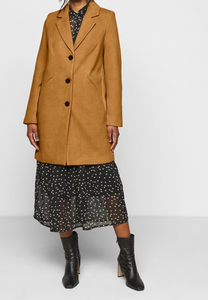 Brown wool-blend coat with a tailored silhouette, notch lapels, three buttons, and side pockets. Worn over a black dress with white pattern.